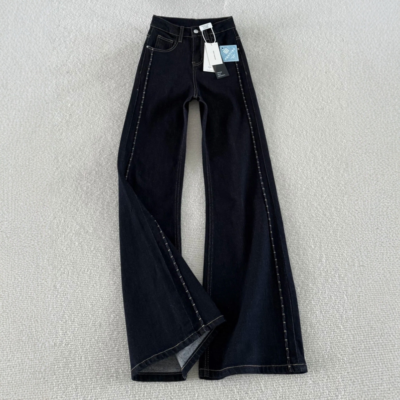 Denim Blue High-Waisted Flared Jeans for Women, Spring Plus Size, Elastic, Hip-Covering, Slimming, Pear-Shaped Body, Bell-Bottom Pants