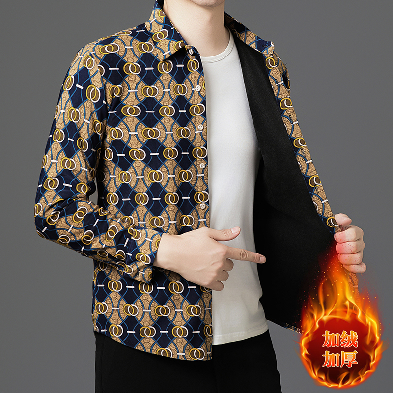 Middle-Aged Men's Long-Sleeved Printed Shirt with Velvet and Thickeneding for Warmth, Dad's Clothing, Autumn and Winter Style, No-Iron Business Casual Shirt