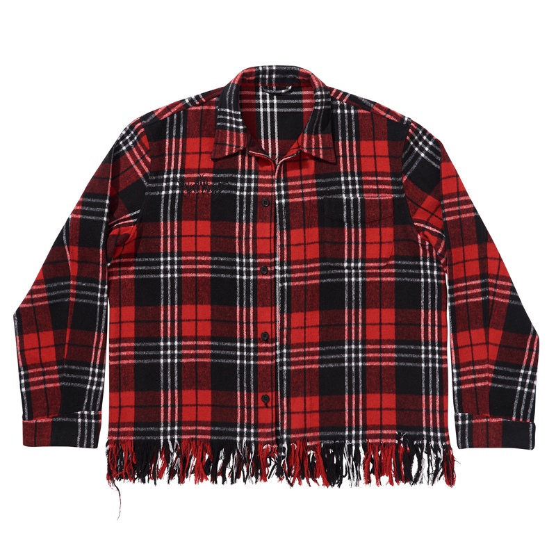 Momentup 24 【Celebrity Style】Tassel Classic Black and Red Plaid Suede Embroidered Washed American Shirt Momentup 24 【Celebrity Style】Tassel Classic Black and Red Plaid Suede Embroidered Washed American Shirt