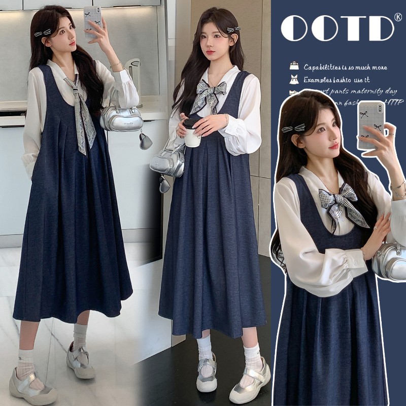 Plus-Size Maternity Dress Set, Fashionable Spring and Autumn Ribbon Shirt + Tank Dress, Loose Fit to Cover Belly, Two-Piece Set 100kg Plus-Size Maternity Dress Set, Fashionable Spring and Autumn Ribbon Shirt + Tank Dress, Loose Fit to Cover Belly, Two-Piece Set 100kg
