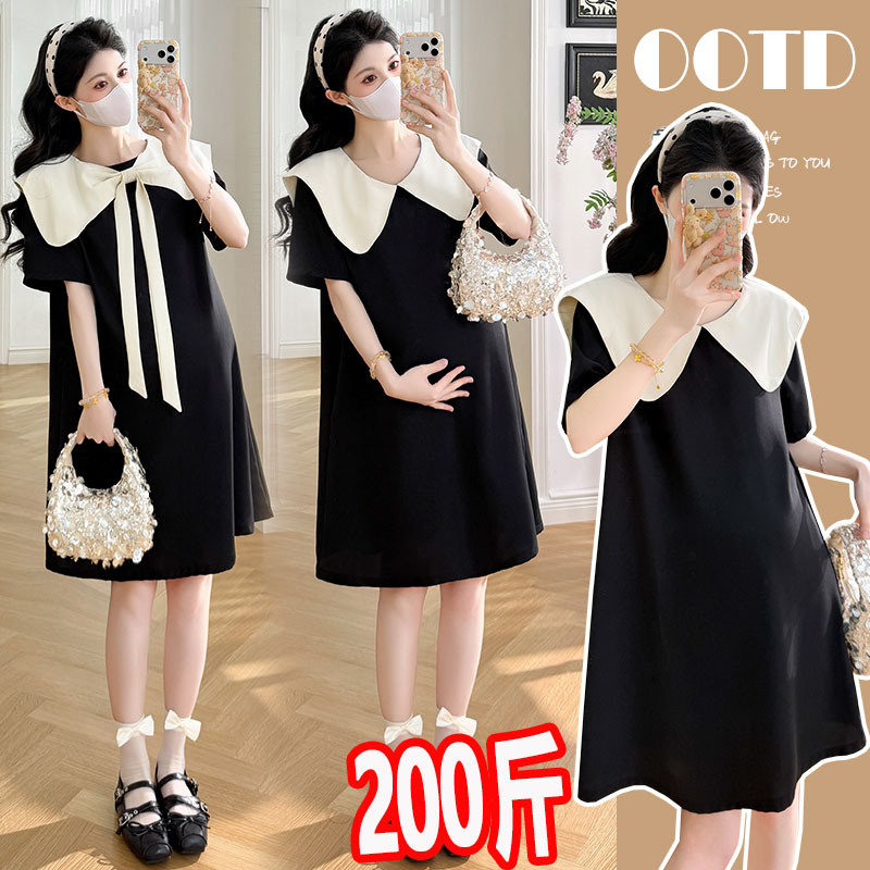 Plus-Size Maternity Summer Short-Sleeve Dress with Contrasting Color Bow, Doll Collar, and Reversible Design 100kg Plus-Size Maternity Summer Short-Sleeve Dress with Contrasting Color Bow, Doll Collar, and Reversible Design 100kg