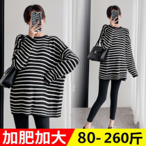Plus size maternity wear autumn and winter knitted sweater suit fashionable striped outer wear loose sweater to cover belly 200 pounds