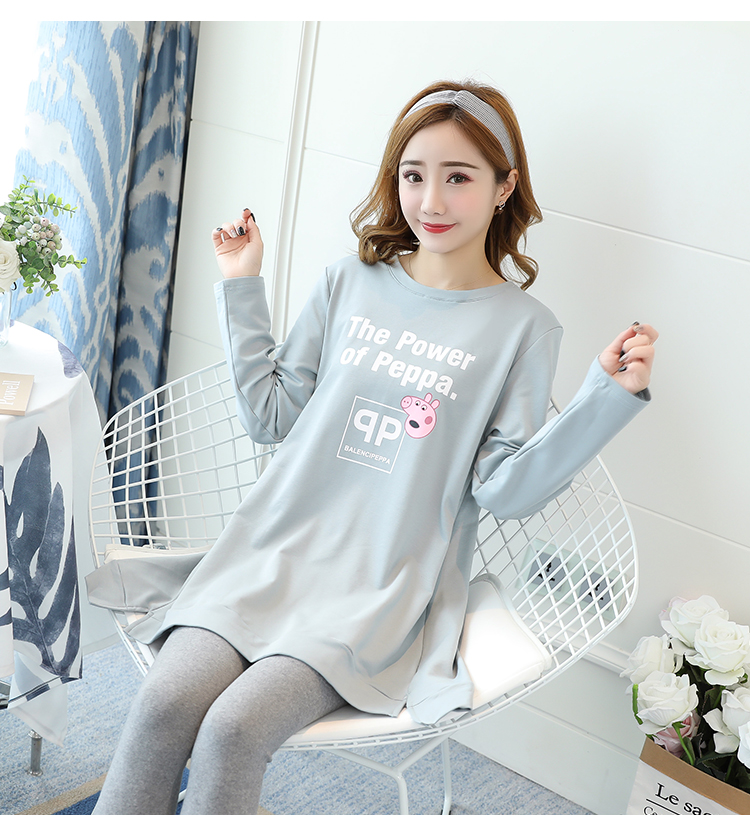 2019 cộng với phân bón XL quần áo bà bầu mùa thu cotton thả một chiếc áo sơ mi trong phần dài của áo thun mẹ váy 200 kg - Áo thai sản áo bầu đẹp