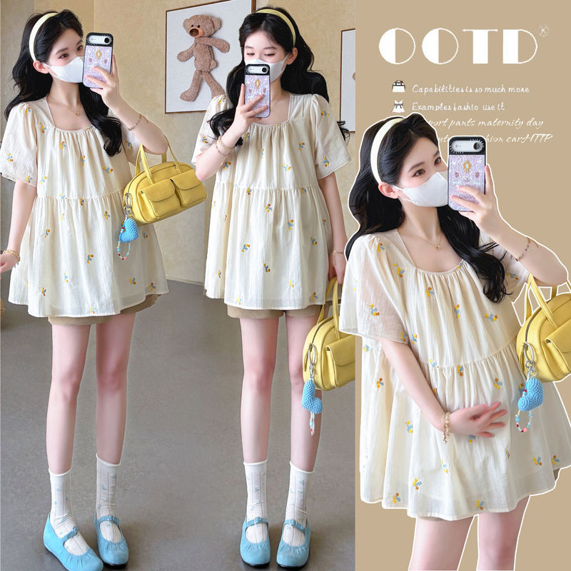 Plus-Size Maternity Top, Summer Korean Style Belly-Covering Babydoll Shirt, Floral Short-Sleeved Babydoll Shirt and Shorts Two-Piece Set 100kg Plus-Size Maternity Top, Summer Korean Style Belly-Covering Babydoll Shirt, Floral Short-Sleeved Babydoll Shirt and Shorts Two-Piece Set 100kg