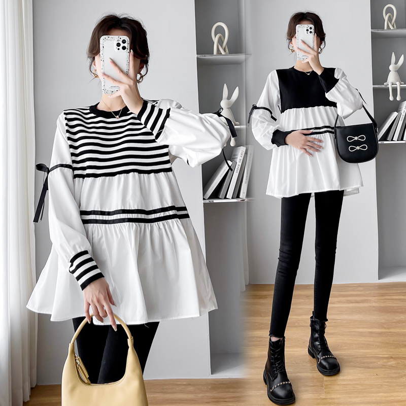 Plus-Size Maternity Autumn Blouse, Korean Style Loose A-Line Striped Patchwork Shirt for Spring and Autumn Plus-Size Maternity Autumn Blouse, Korean Style Loose A-Line Striped Patchwork Shirt for Spring and Autumn