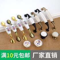 Ceramic handle Chinese orchid antique cabinet wardrobe handle gold black and white furniture cabinet handle drawer single hole
