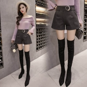 2018 thu đông mới eo cao len rộng quần short nữ giản dị cỡ lớn hoang dã mỏng bên ngoài mặc quần lưới mắt cáo