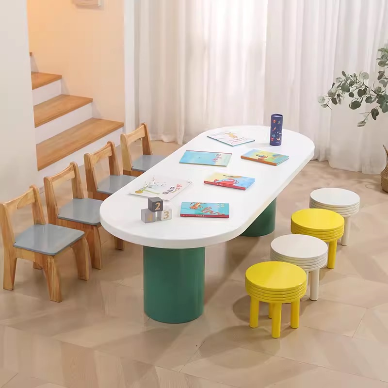 Children's Handmade Painting and Writing Desk, Kindergarten Reading Area Study Table and Chairs, Early Education Center Creative Oval Art Desk Children's Handmade Painting and Writing Desk, Kindergarten Reading Area Study Table and Chairs, Early Education Center Creative Oval Art Desk
