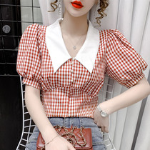 Plaid shirt womens summer 2021 new doll collar short-sleeved shirt high waist short shirt French bubble sleeve top
