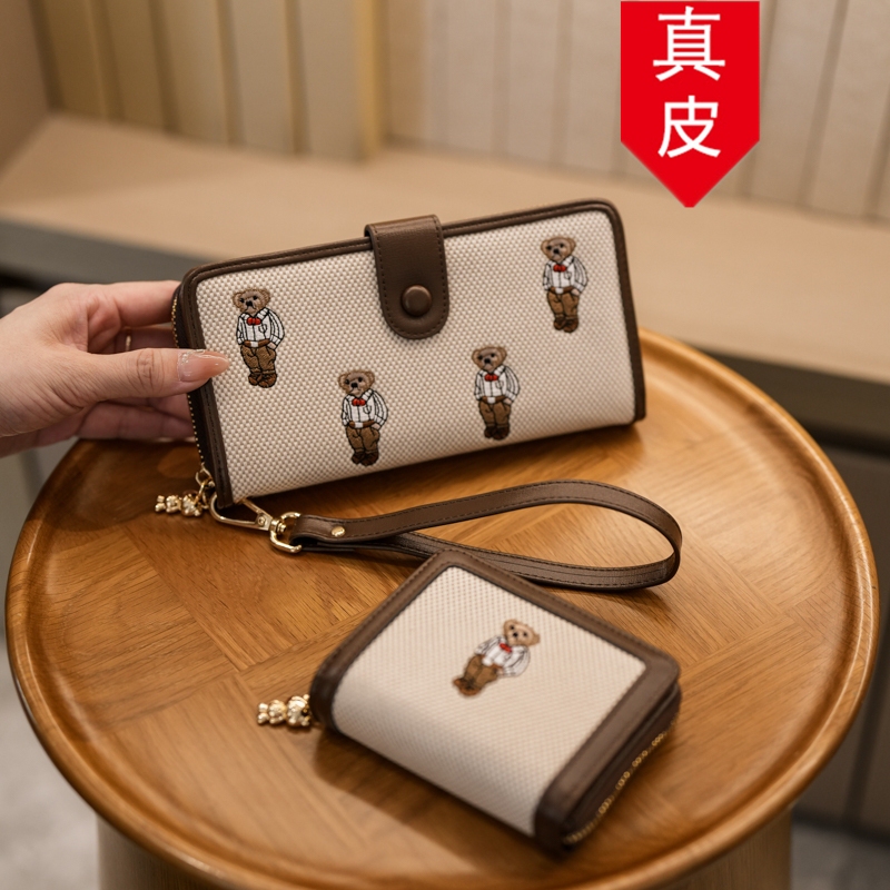 Hong Kong Brand Genuine Leather Bag for Women 2026 New Niche Long Wallet Cartoon Bear Short Coin Purse Card Holder