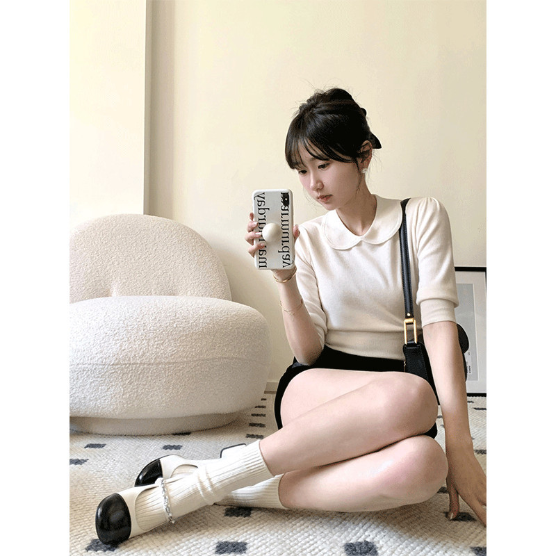 Miu Style Small Shirt, White Doll Collar Short-Sleeved T-Shirt for Women, New Summer Design, Niche Half-Sleeve Knitted Top