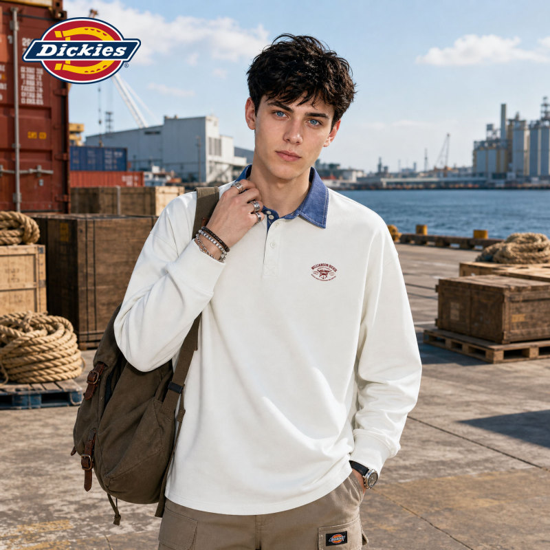 Dickies American-Style Simple Color-Block Long-Sleeve Polo Shirt for Men, American Trendy Brand, Loose Casual Lapel Comfortable Top