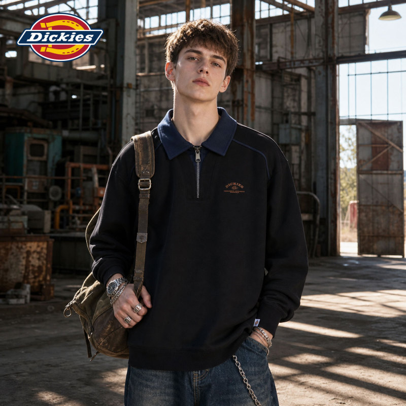 Dickies Autumn Design Half-Zip Color-Block Lapel Polo Shirt Sweatshirt Men's New Long-Sleeve Casual Top