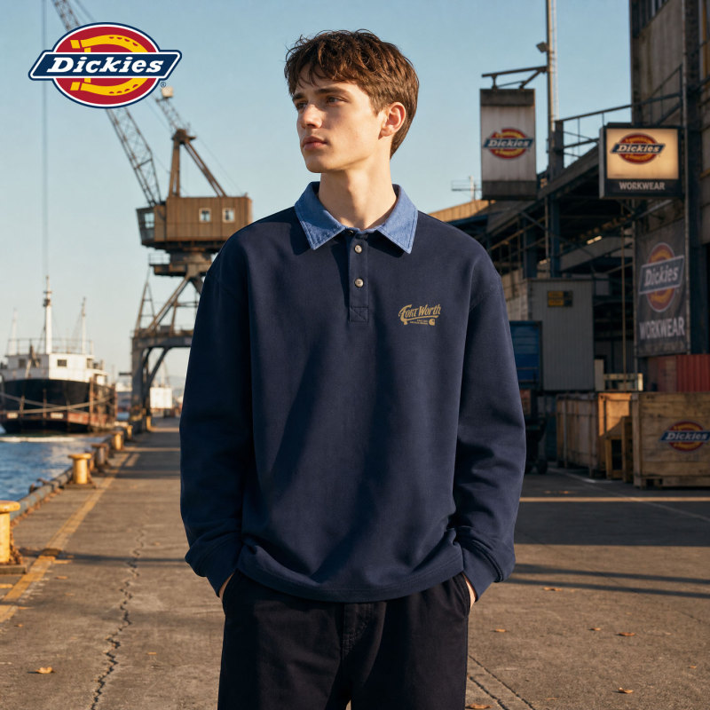 Dickies American Style Trendy Loose Design Top Men's Autumn New Patchwork Lapel Long-Sleeve Polo Shirt Dickies American Style Trendy Loose Design Top Men's Autumn New Patchwork Lapel Long-Sleeve Polo Shirt