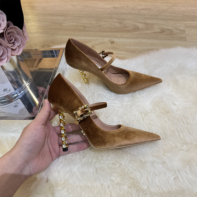 Gold Brown High-Heeled Shoes for Women 2026 New Style Rhinestone Stiletto Heels Elegant and Sophisticated Comfortable Pointed Toe Single Strap Shoes