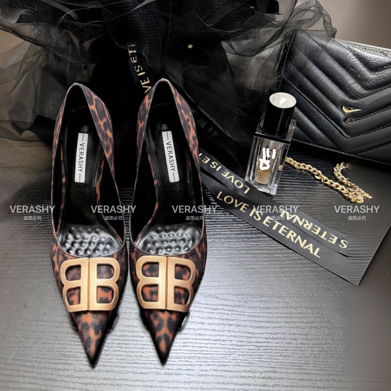 Leopard Print High Heels for Women 2026 Autumn New Style Letter Metal Double B Buckle Elegant Stiletto Pointed Toe Shoes