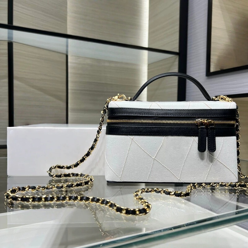 6/26m New White Tweed Lunch Box Bag Beach Canvas Panda Color-Blocking Tote Crossbody Box Bag for Women