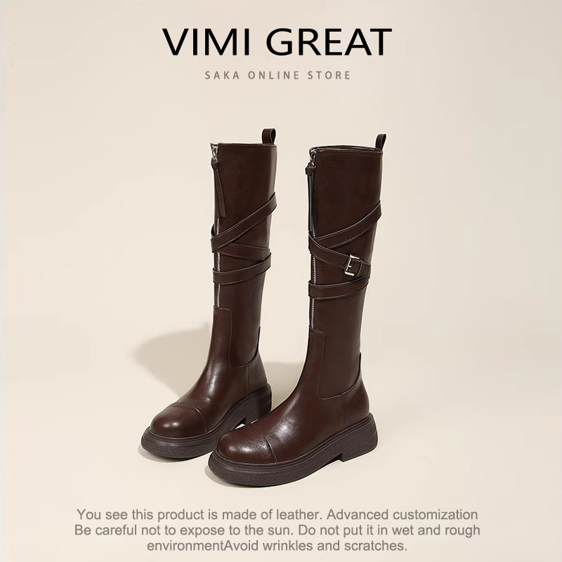 This Is Too Beautiful! Vimi Great Melard Genuine Leather Boots for Women, Thick-Soled, Retro High-Top 2026 Riding Boots