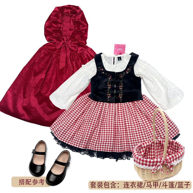 Halloween Girls' Retro Country-Style Embroidered Multi-Piece Set Plaid Little Red Riding Hood Oversized Cape in Stock Fairy Tale Halloween Girls' Retro Country-Style Embroidered Multi-Piece Set Plaid Little Red Riding Hood Oversized Cape in Stock Fairy Tale