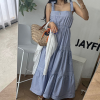Striped suspender dress 2024 new women's summer French loose seaside vacation fairy skirt waist A-line skirt