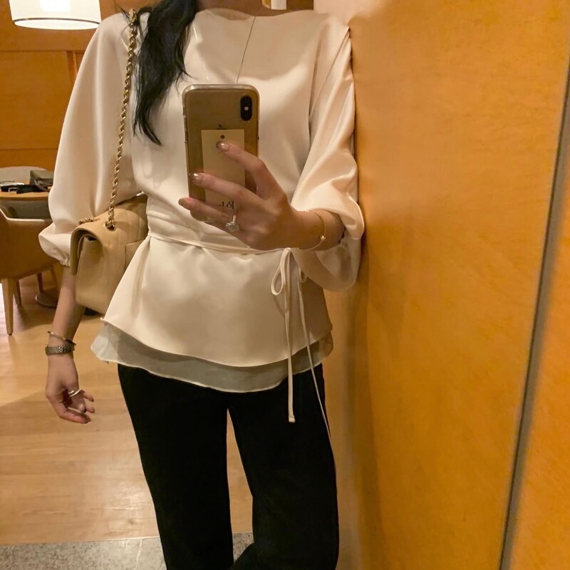 Korean Chic Autumn New High-End Style Women's French Round-Neck Simple Splicing Tie Slimming Long-Sleeve Shirt Korean Chic Autumn New High-End Style Women's French Round-Neck Simple Splicing Tie Slimming Long-Sleeve Shirt
