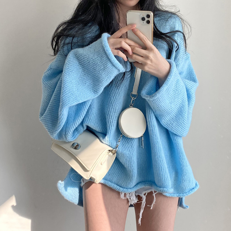 Chic Autumn Retro Loose Lazy Style V-Neck Rolled Hem Slit Pullover Age-Reducing Sweater Women's Long-Sleeve Knit Top Chic Autumn Retro Loose Lazy Style V-Neck Rolled Hem Slit Pullover Age-Reducing Sweater Women's Long-Sleeve Knit Top