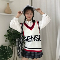 Mùa thu mới nhấn màu cổ chữ V khí hậu hoang dã không tay vest nữ sinh viên Hàn Quốc thêu chữ đan áo thủy triều áo len cổ tim