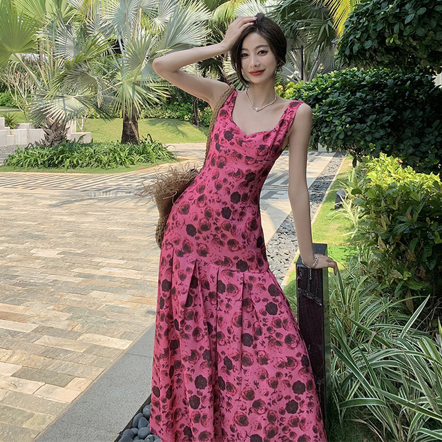 Square collar backless chiffon dress women 2023 high waist slim floral dress to ankle Xishuangbanna holiday dress