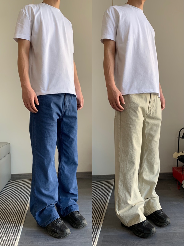 Cagt Summer Casual Couple's Blue Trendy Jeans with a Washed Flared Design, Street Style Faded Khaki