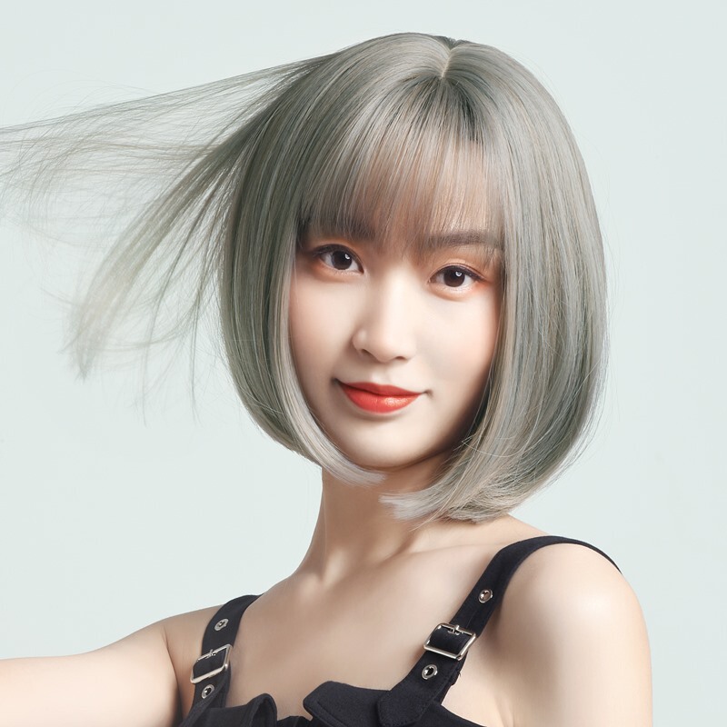 Short Bob Wig for Women, Korean Style Bob Haircut, Round Face, Influencer Style, Face-Framing Full Wig, Air Bangs, Straight Hair, Natural Look