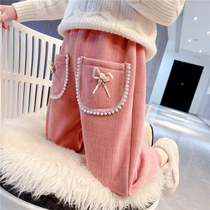 Girls Leisure Pants 2023 new winter children wear loose pearl pockets outside winter girls plus trousers