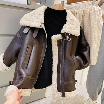 Children's clothing children's leather jacket boys and girls 2022 new style winter style plus velvet thickened fur jacket trendy