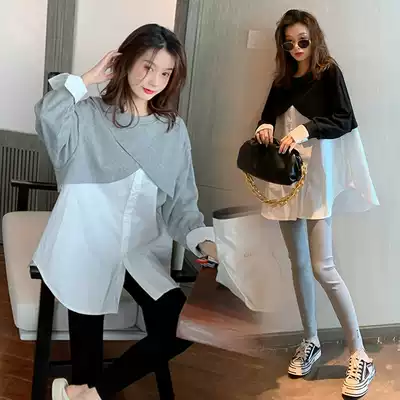 2021 Women's new Korean version of pregnant belly loose shirt fashion long version of personality round neck does not show bodice