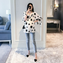 2022 maternity summer dress v-neck loose polka dot top fashion large size cover pregnant belly mid-length doll cotton and linen shirt