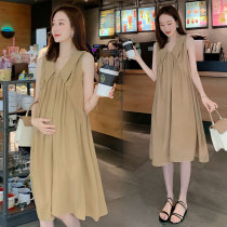 Maternity Dress 2022 Korean Version Fashion Loose Sleeveless Vest Skirt Large Size Covering Pregnant Belly Summer Over-the-Knee Long Skirt