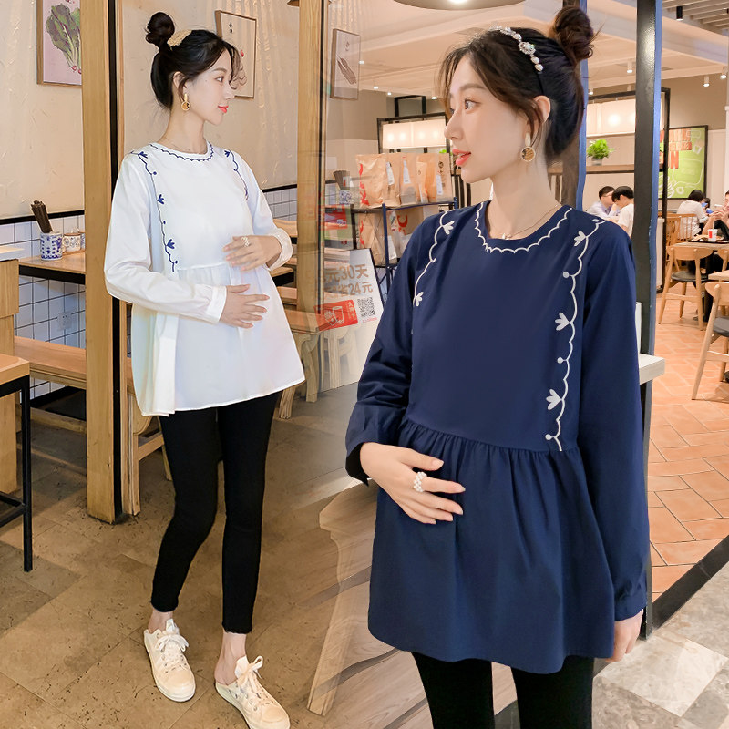 Pregnant women's spring clothing 2022 new fashion small sub-display slim shirt with long version loose embroidered pure cotton slimmer blouse