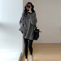 Maternity wear autumn and winter 2024 new fashion products lazy style loose large size striped knitted mid-length bottoming sweater