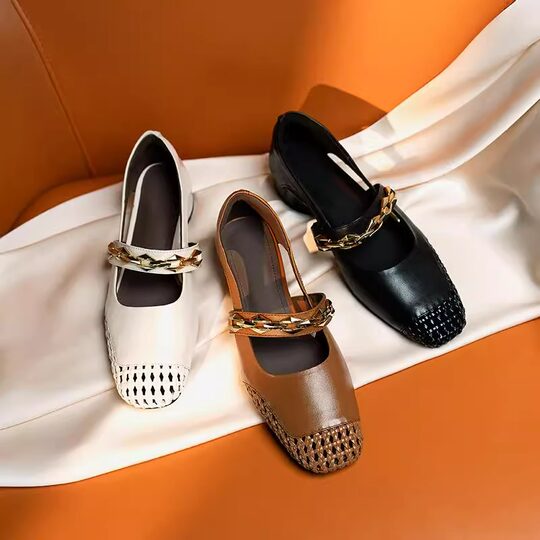 Genuine Leather French Hollow-Out Summer Women's Shoes, Breathable and Fashionable Woven Square-Toe Strap Sandals with Thick Heels