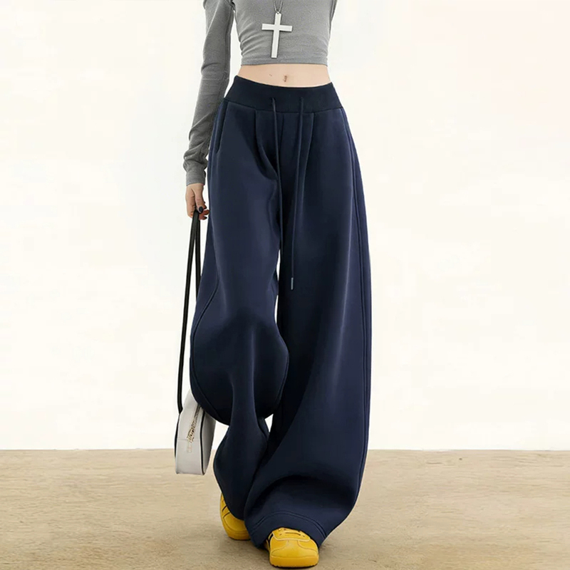 Plus-Size Navy Blue American-Style Sweatpants for Women, Spring and Autumn 2026 New Style, Drapey, Loose, Large Size, Extra-Long Wide-Leg Sweatpants