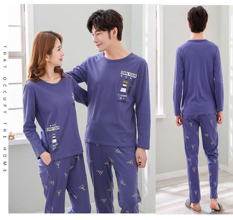 Mùa thu cặp đôi quần dài tay hoạt hình cotton dễ thương nam và nữ đồ ngủ mới giản dị kích thước lớn phục vụ nhà phù hợp kiểu đồ bộ vải thun bông