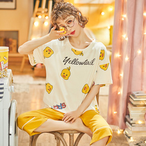 Pajamas Women summer short-sleeved Capri pants cartoon cute cotton regular sweet fresh home clothes set can be worn outside
