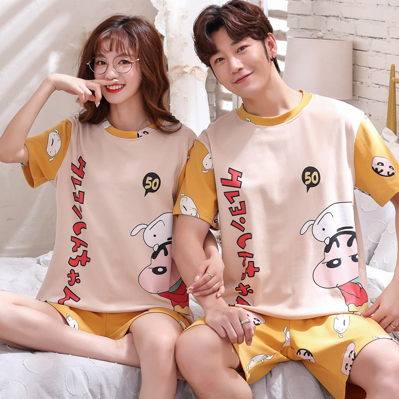 Couple pajamas summer cartoon short-sleeved shorts summer men and women pure cotton cute large size home service Korean thin section