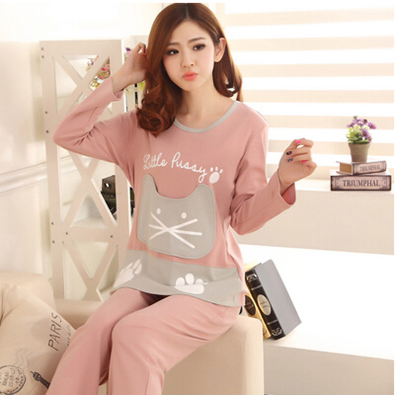 Quần dài mùa thu nữ tay dài cotton dễ thương Bộ đồ ngủ mùa đông Thời trang Hugh cổ tròn có thể mặc đồ bộ mùa hè