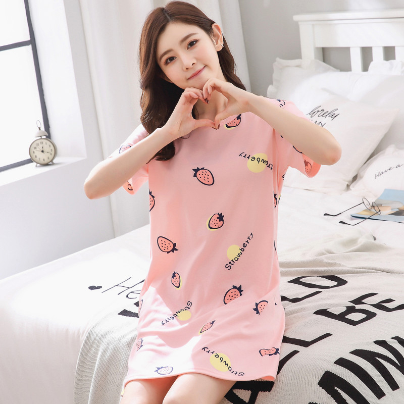 Sleeping Skirt Woman Summer Pure Cotton Short Sleeve Summer Dress Cute Cartoon Full Cotton Lady Sweet and enlarge Yard Clothing Extractable Wear