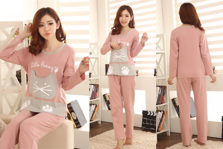 Quần dài mùa thu nữ tay dài cotton dễ thương Bộ đồ ngủ mùa đông Thời trang Hugh cổ tròn có thể mặc đồ bộ mùa hè