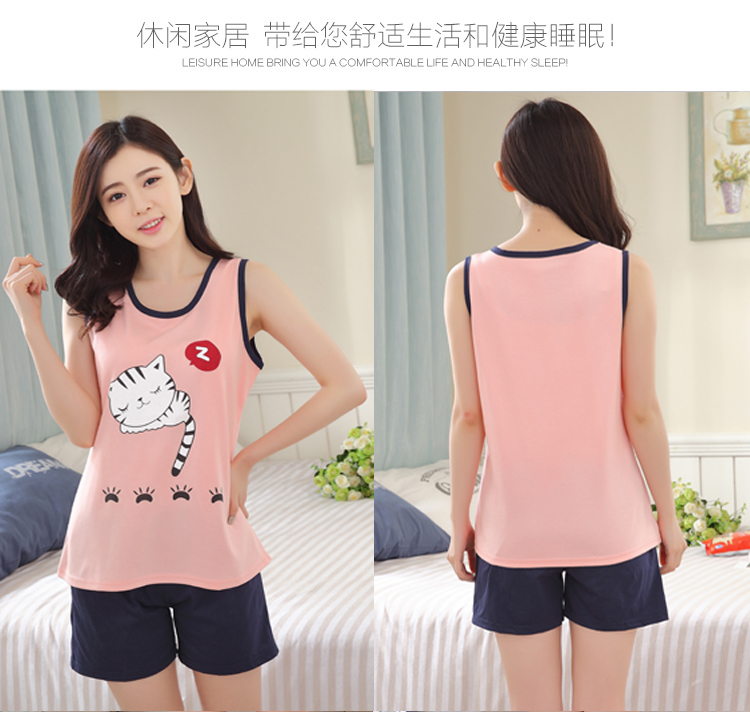 Mùa hè vest quần short cotton phim hoạt hình đồ ngủ nữ mùa hè không tay cotton dễ thương phụ nữ lỏng lẻo của dịch vụ nhà phù hợp với