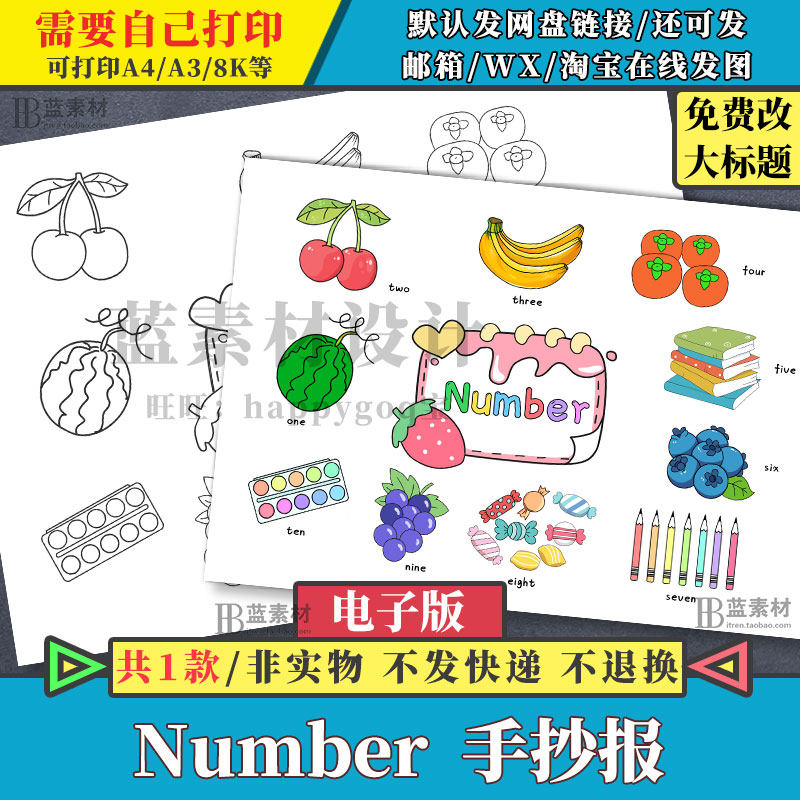 number数字英语号码手抄报模板小学生一二三年级线稿涂色儿童画