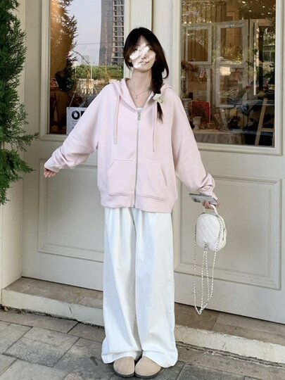 Pink Sweatshirt Jacket for Women, Autumn and Winter, Korean Style, Lazy Style, Loose Fit, Hooded, Zip-Up, Fleece-Lined, Thickened