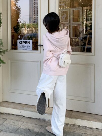 Pink Sweatshirt Jacket for Women, Autumn and Winter, Korean Style, Lazy Style, Loose Fit, Hooded, Zip-Up, Fleece-Lined, Thickened