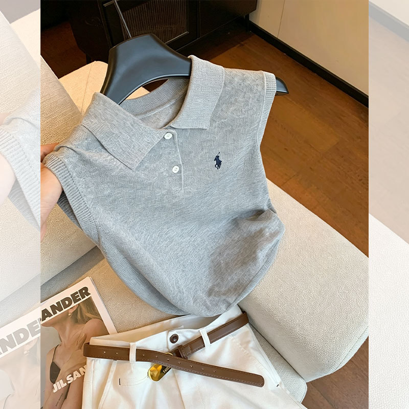Outlet Brand Discount Clearance Old Money Style Embroidered Polo Collar Versatile Sleeveless Vest Top